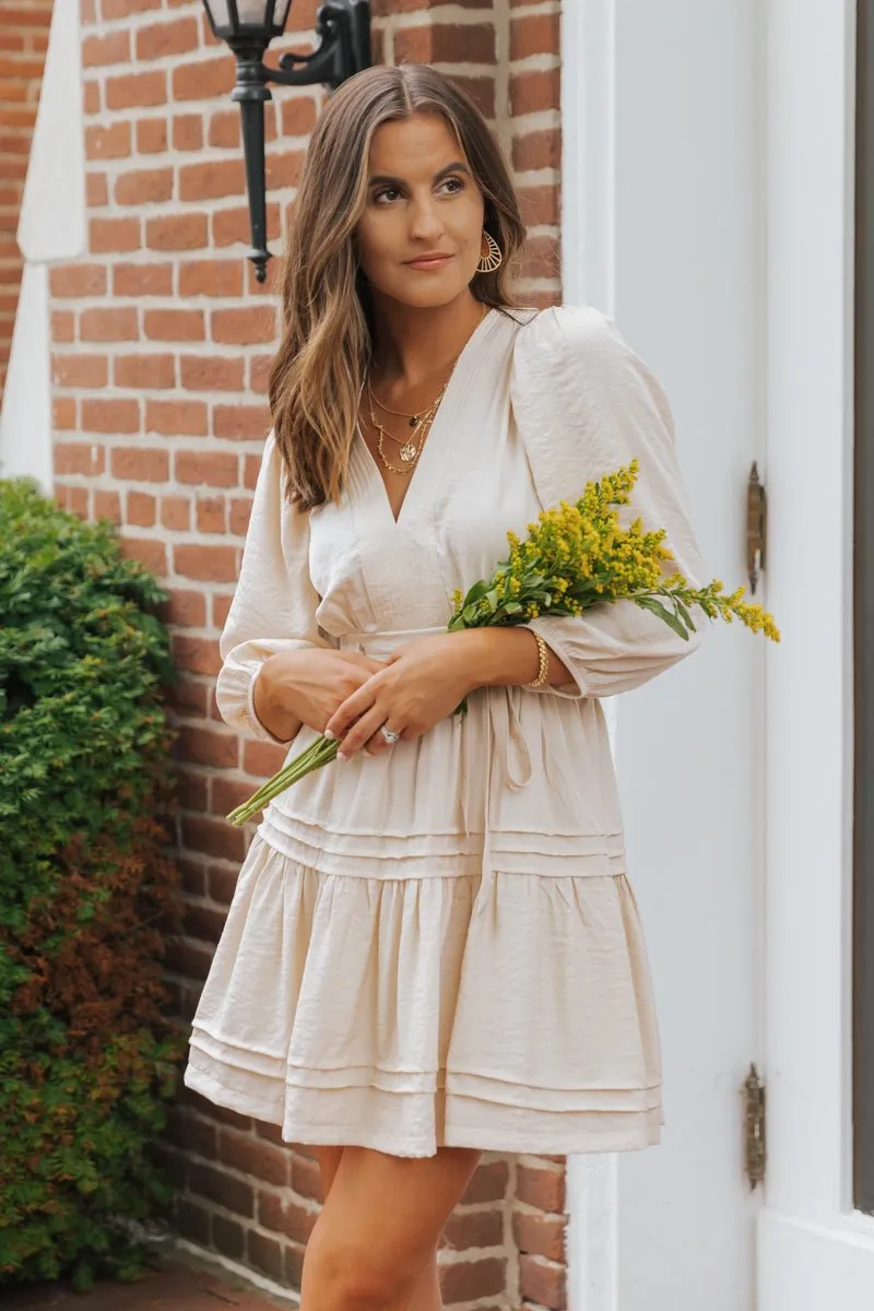 Natural Pin-tuck Tie Waist Mini Dress - FINAL SALE