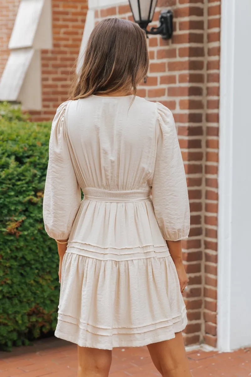 Natural Pin-tuck Tie Waist Mini Dress - FINAL SALE
