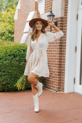 Natural Pin-tuck Tie Waist Mini Dress - FINAL SALE Natural Pin-tuck Tie Waist Mini Dress - FINAL SALE