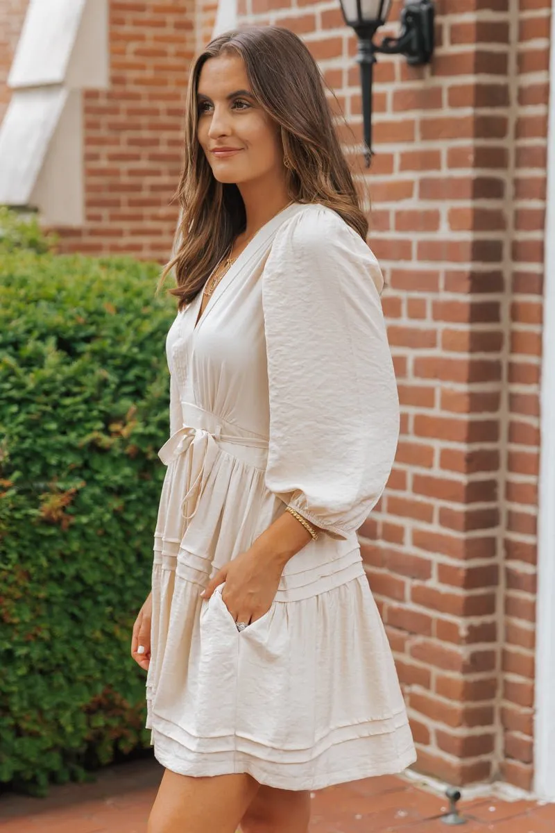 Natural Pin-tuck Tie Waist Mini Dress - FINAL SALE