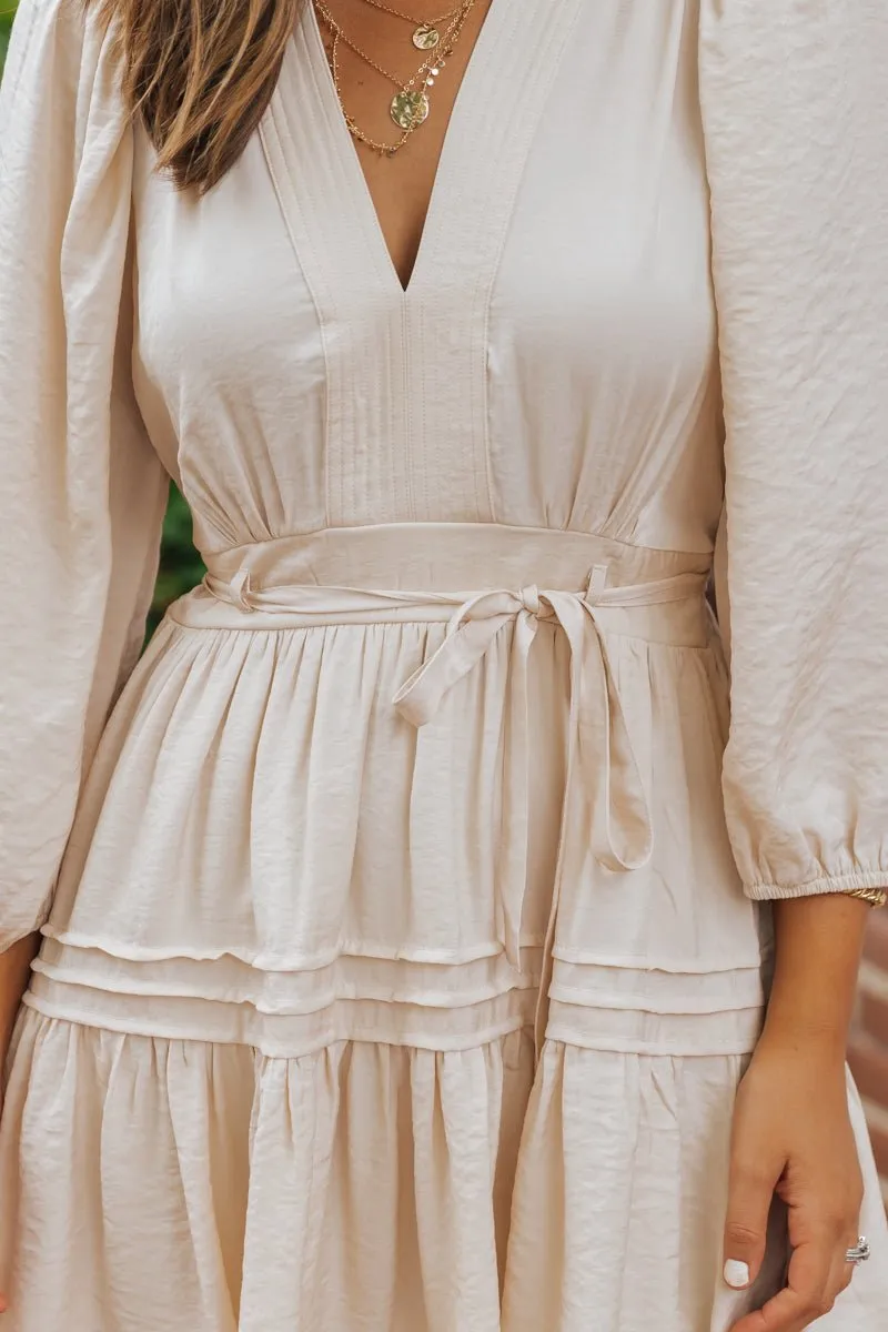 Natural Pin-tuck Tie Waist Mini Dress - FINAL SALE
