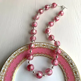 Necklace with rose pink and white gold Murano glass small sphere beads on silver Necklace with rose pink and white gold Murano glass small sphere beads on silver