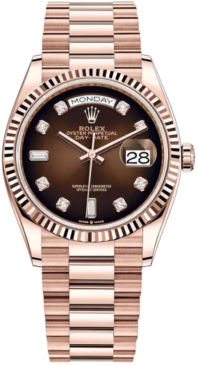 Rolex Everose Gold Day-Date 36 Watch - Fluted Bezel - Brown Ombre´ Diamond Dial - President Bracelet (Ref# 128235) Rolex Everose Gold Day-Date 36 Watch - Fluted Bezel - Brown Ombre´ Diamond Dial - President Bracelet (Ref# 128235)