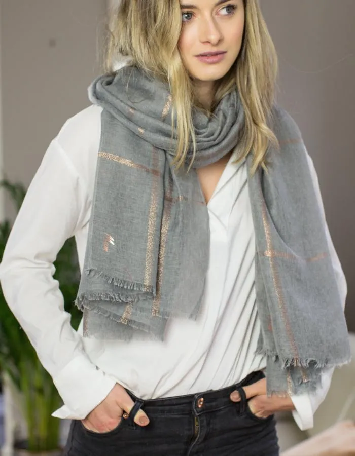 Soft grey and gold checked scarf
