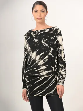 Tie Dye Stretchy Asymmetric Tunic - Black & Cream Tie Dye Stretchy Asymmetric Tunic - Black & Cream