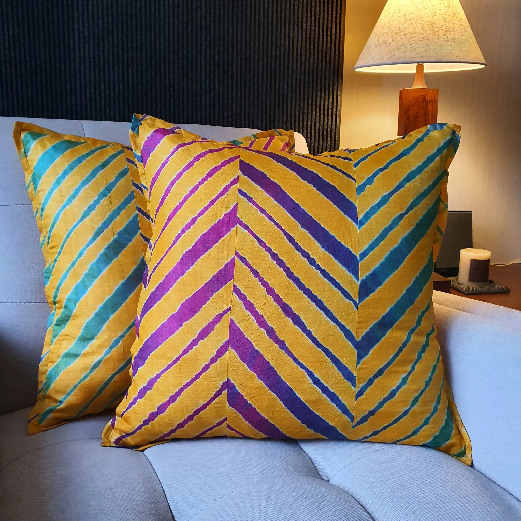 Yellow Leheria Dyed Silk Cushion Cover, Set of 2